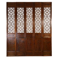 19th Century Antique Chinese Handcraft 5 Panels Wooden Screen / Room Divider