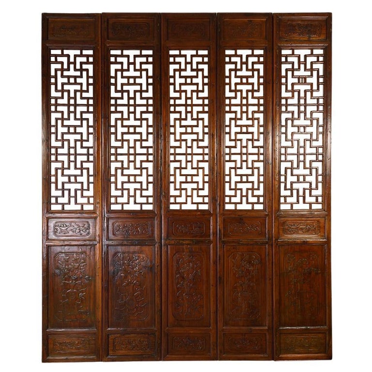 19th Century Antique Chinese Handcraft 5 Panels Wooden Screen / Room Divider For Sale