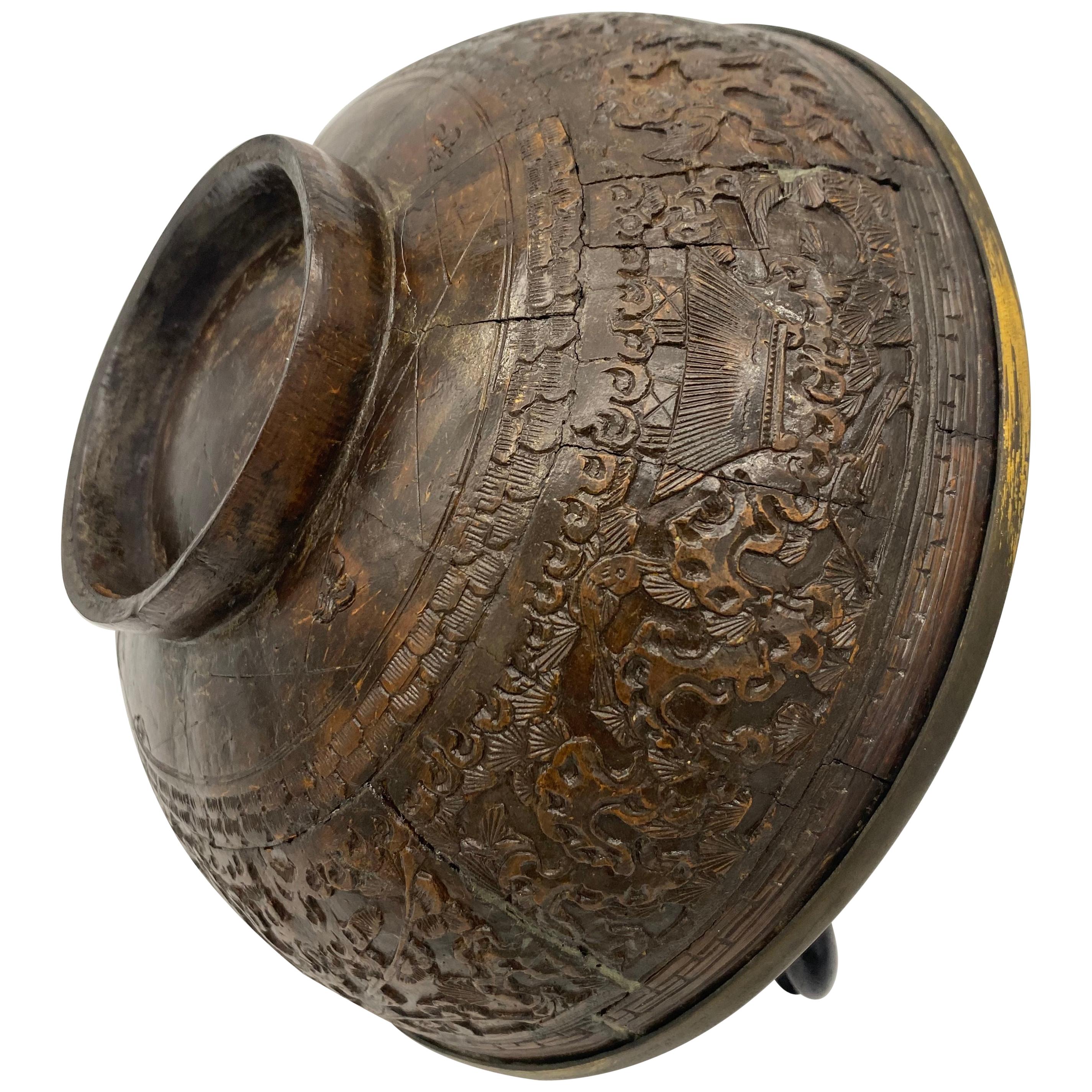 Grand bol à noix de coco ancien en étain incrusté chinois du 19ème siècle