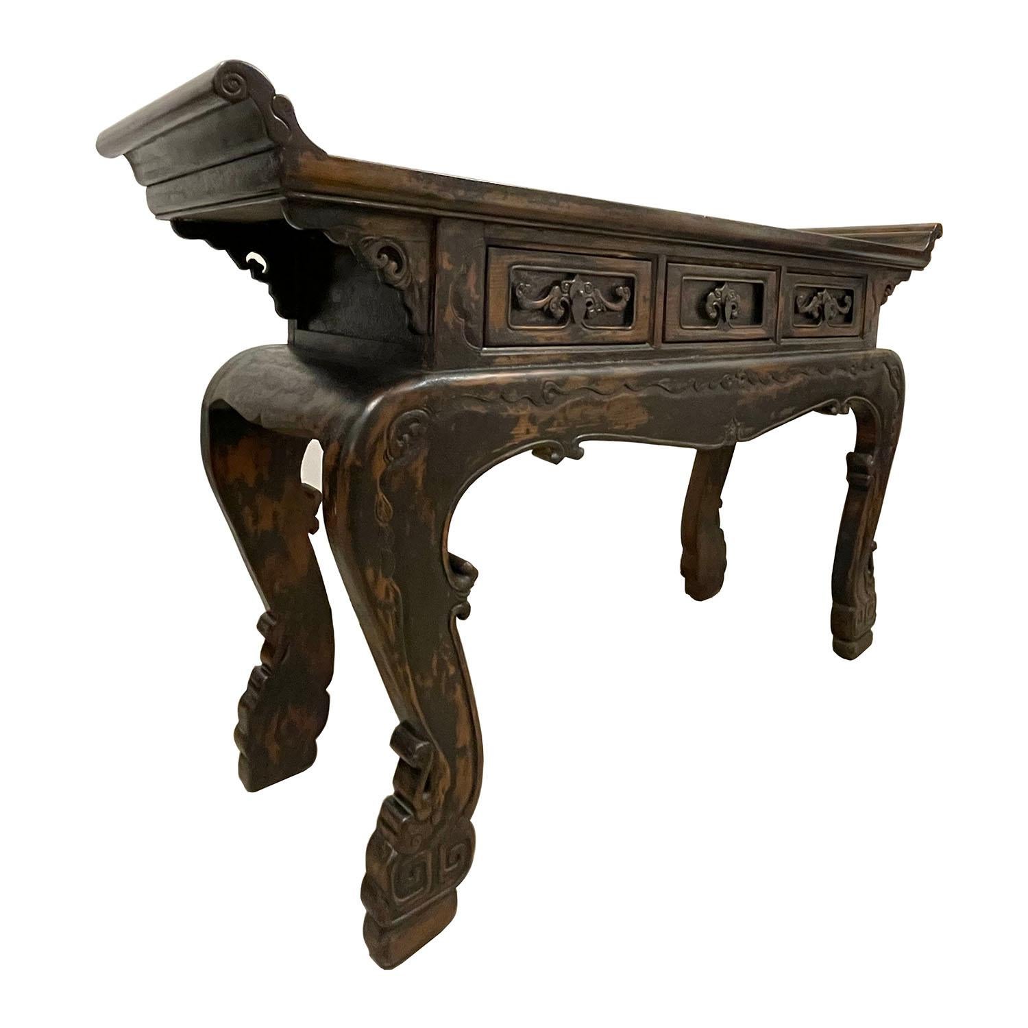 Size: 37 1/2in H x 68in W x 18in D?
Drawer: 4in H x 11in W x 12in D
Origin: China
Circa: 1850 - 1870
Material: Wood
Condition: Solid wood construction, heavy and sturdy, deep carved spandrels. normal age wear.

Description: Very well