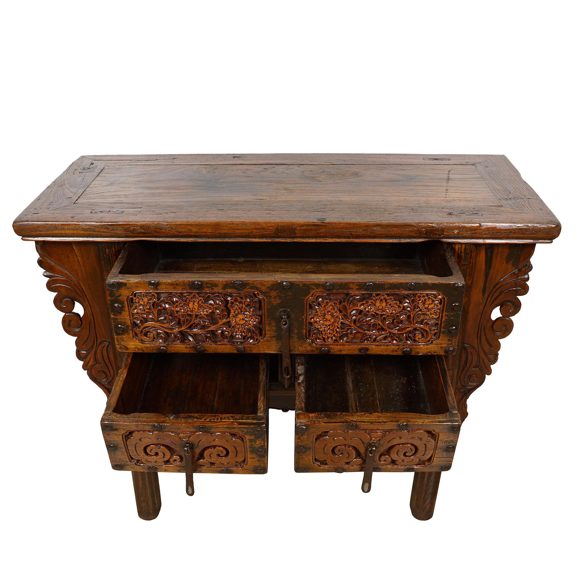 Chinese Export 19th Century Antique Chinese Massive Carved Shan xi Console Table/Sideboard For Sale