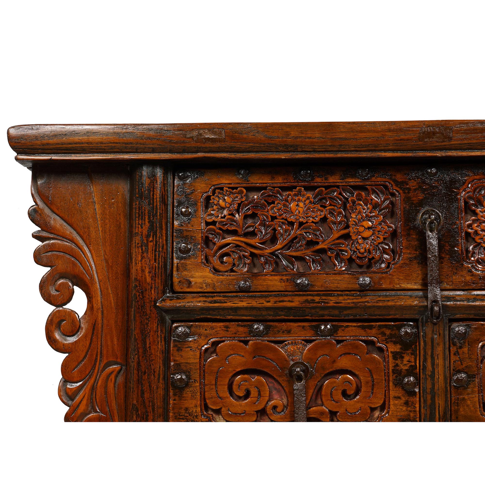Hand-Carved 19th Century Antique Chinese Massive Carved Shan xi Console Table/Sideboard For Sale