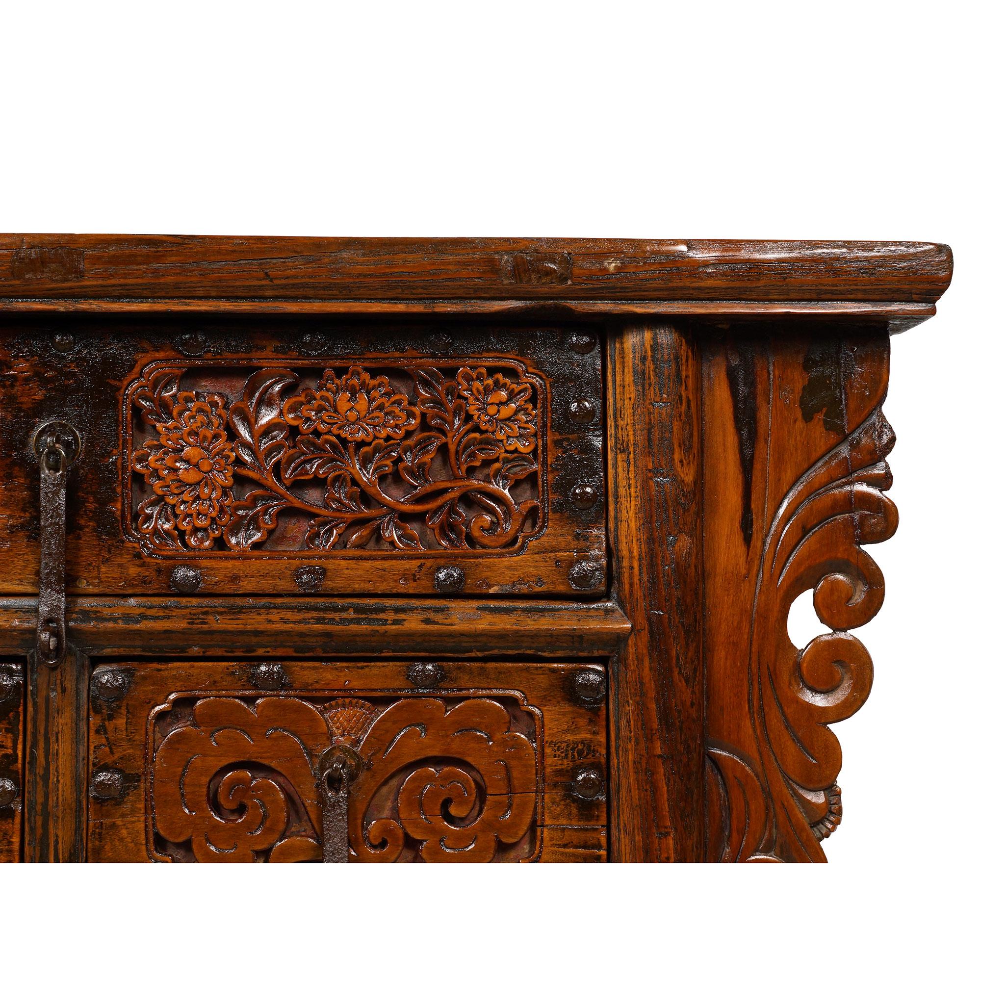 19th Century Antique Chinese Massive Carved Shan xi Console Table/Sideboard In Good Condition For Sale In Pomona, CA