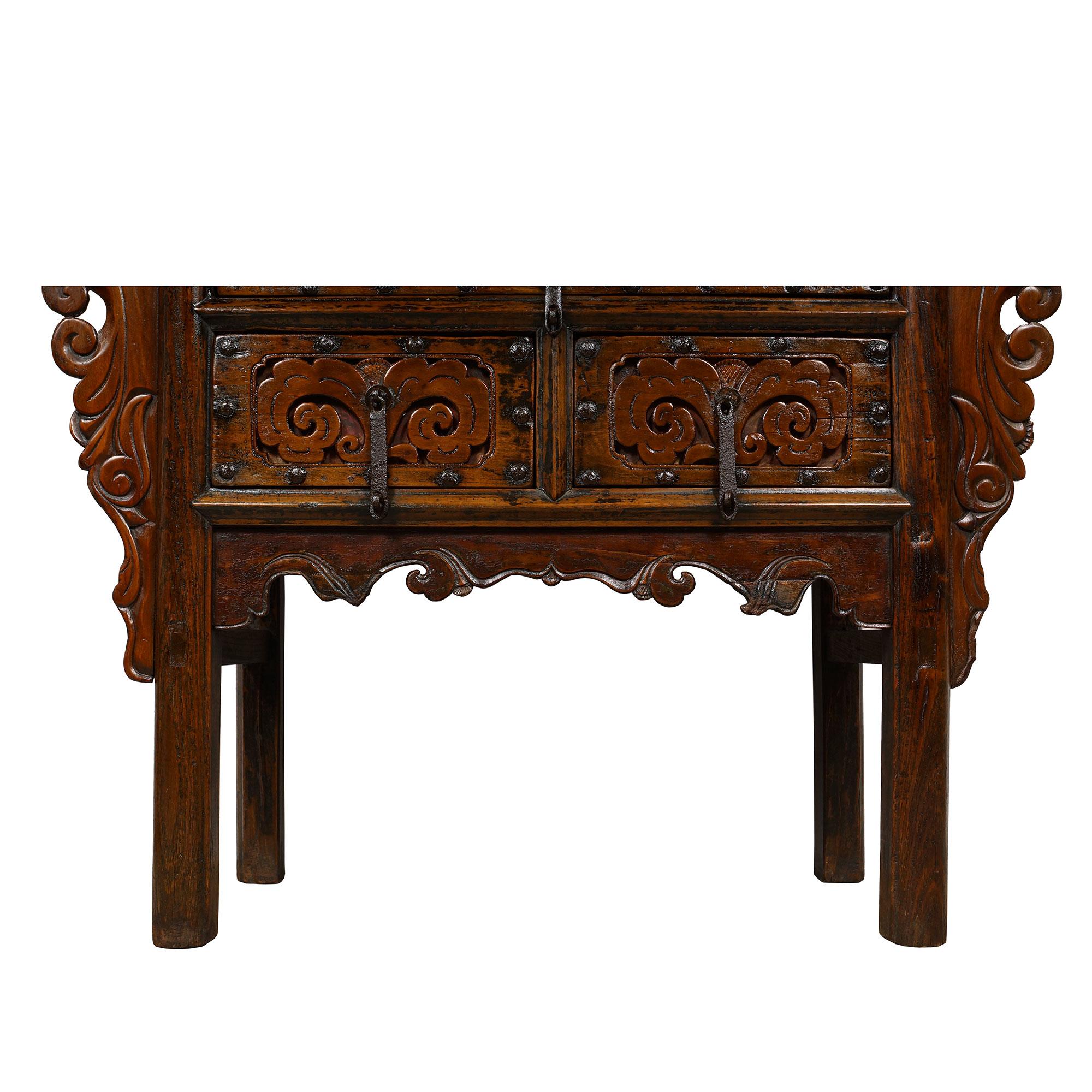 Elm 19th Century Antique Chinese Massive Carved Shan xi Console Table/Sideboard For Sale