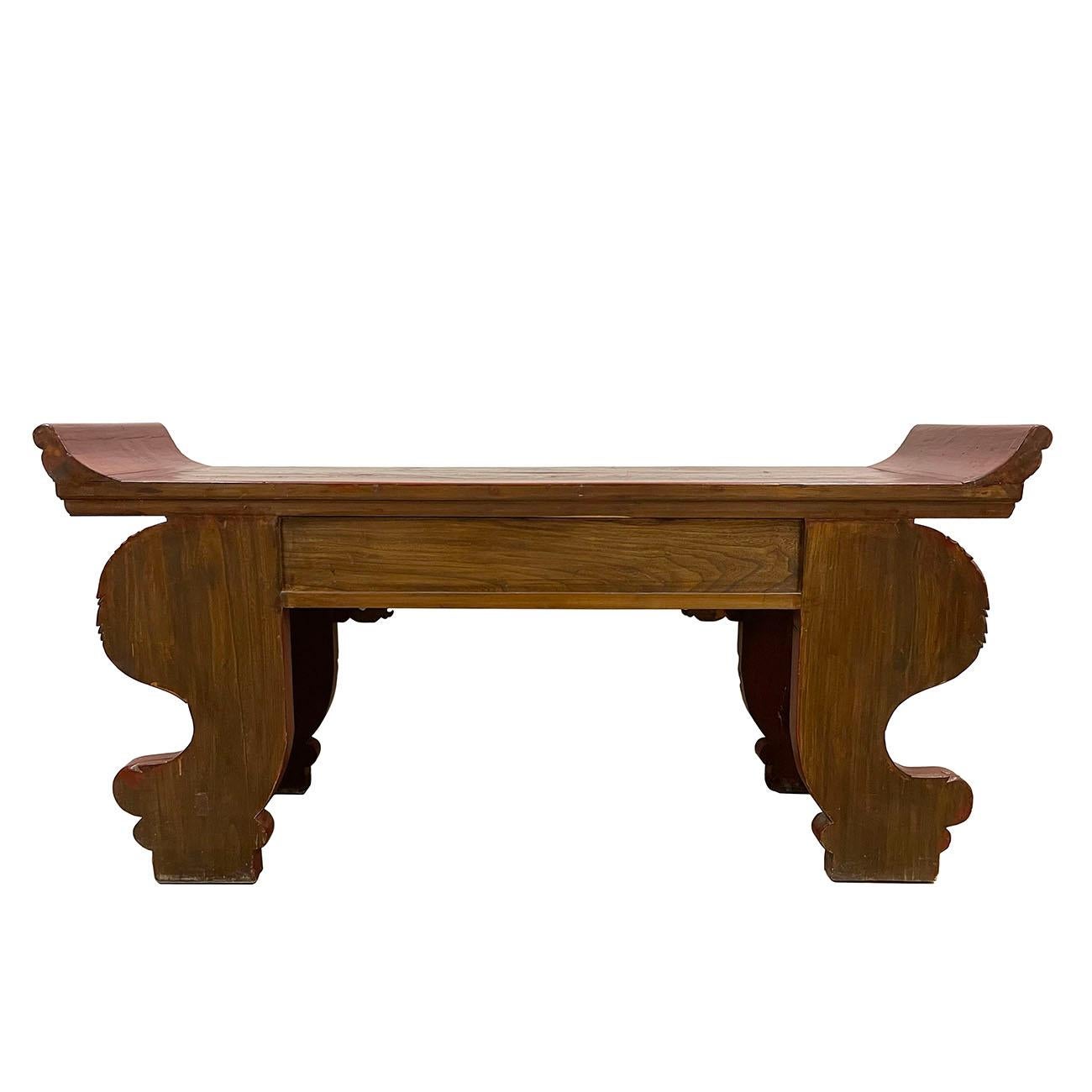 19th Century, Antique Chinese Massive Red Lacquered Carved Altar Table / Console For Sale 6