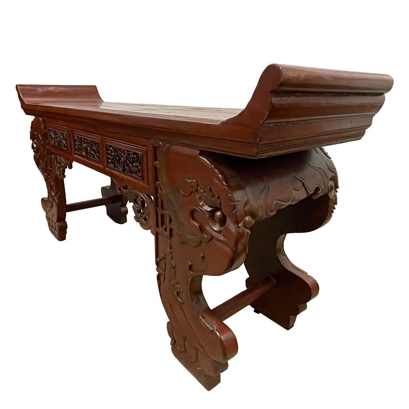 This massive antique red lacquered altar table from Shan Xi, China was hand made during 1800 to 1900 and still maintained very good condition. It shows the traditional style of Northern China's furniture cultural. This Chinese altar table is hand