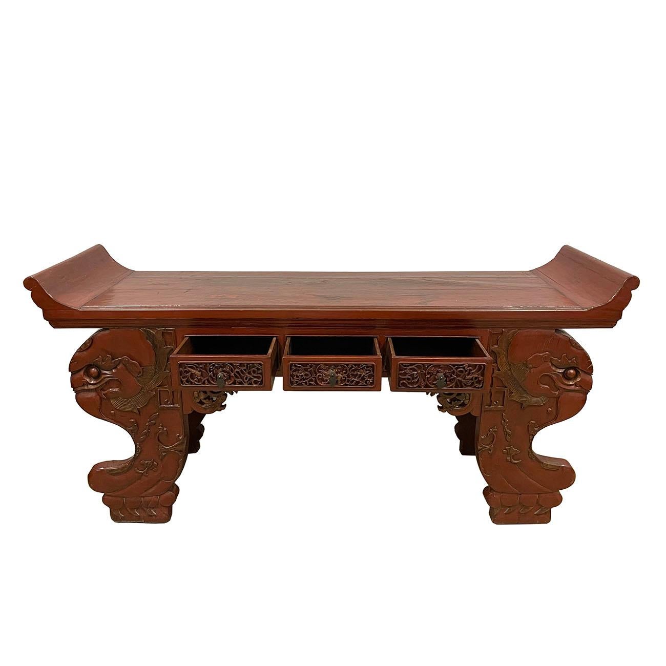 Chinese Export 19th Century, Antique Chinese Massive Red Lacquered Carved Altar Table / Console For Sale