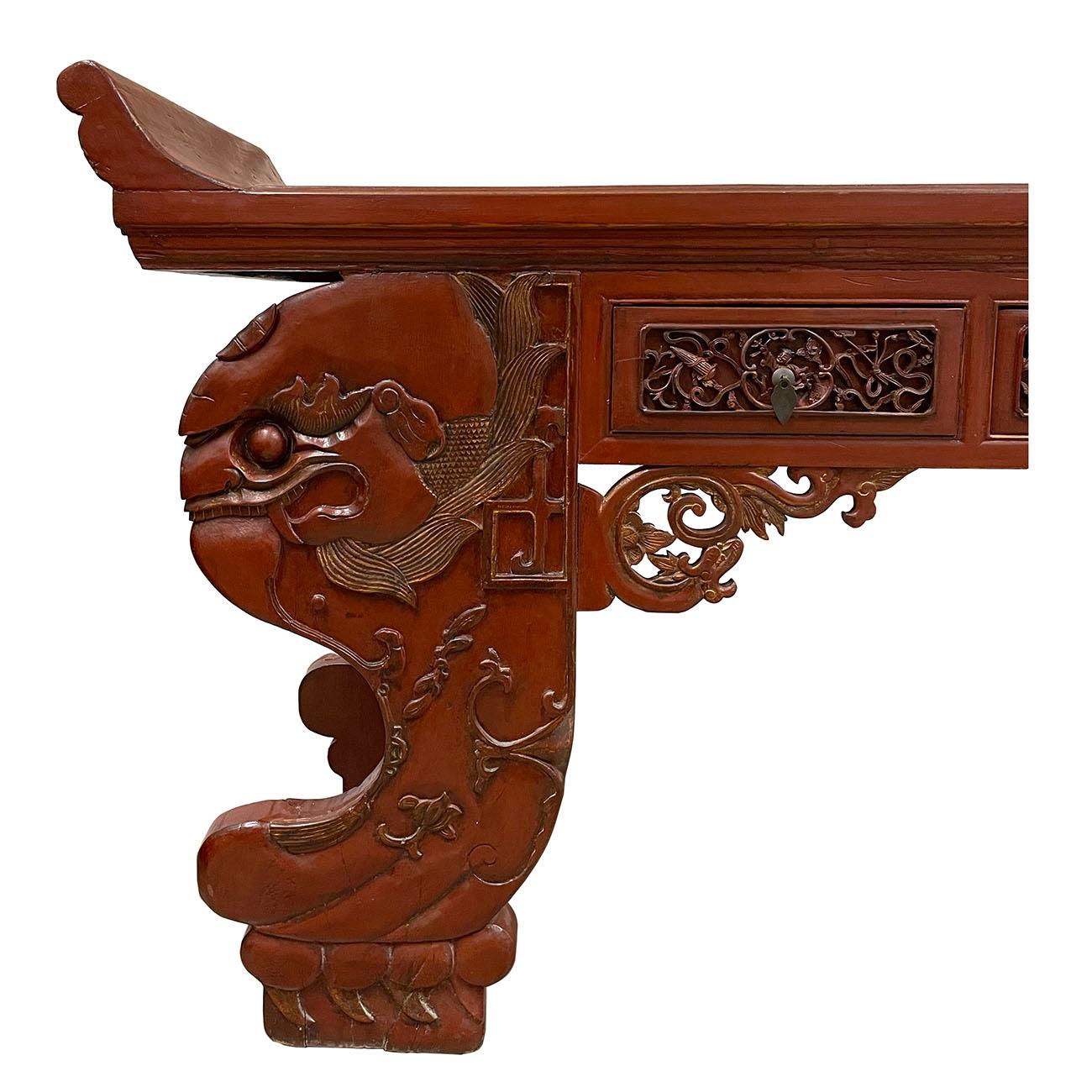 19th Century, Antique Chinese Massive Red Lacquered Carved Altar Table / Console In Good Condition For Sale In Pomona, CA
