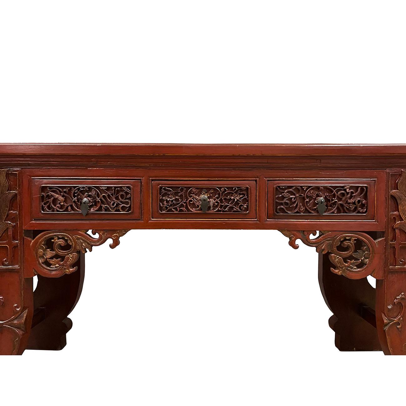 Wood 19th Century, Antique Chinese Massive Red Lacquered Carved Altar Table / Console For Sale