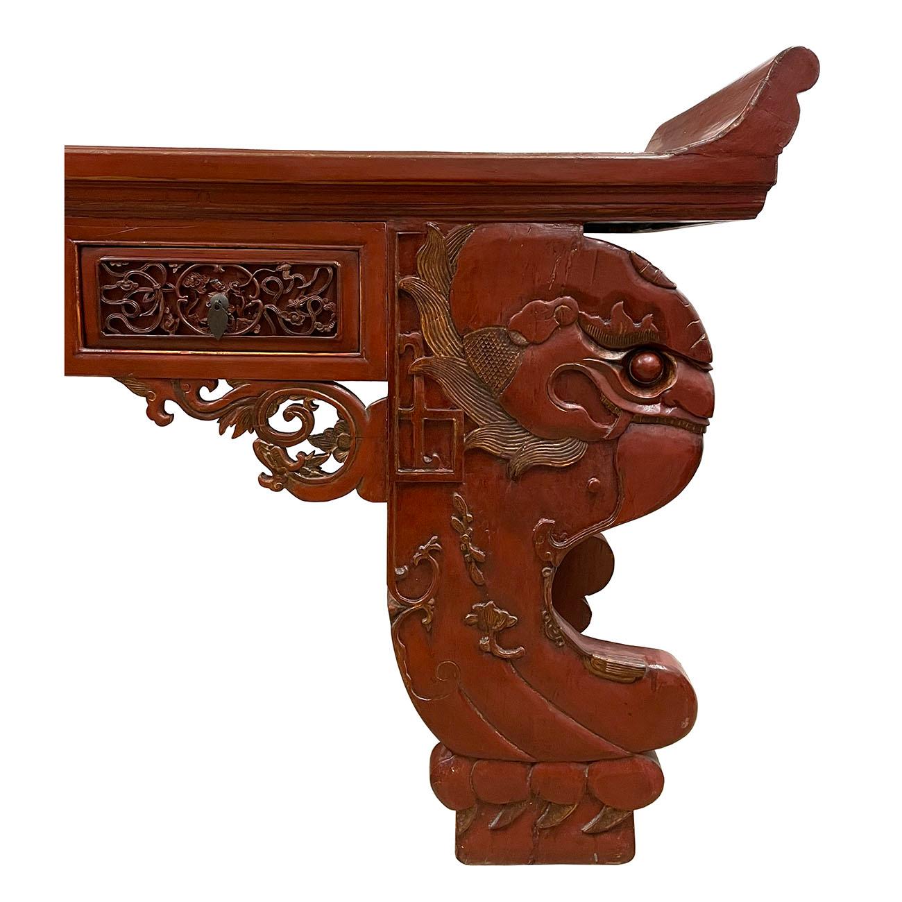 19th Century, Antique Chinese Massive Red Lacquered Carved Altar Table / Console For Sale 1