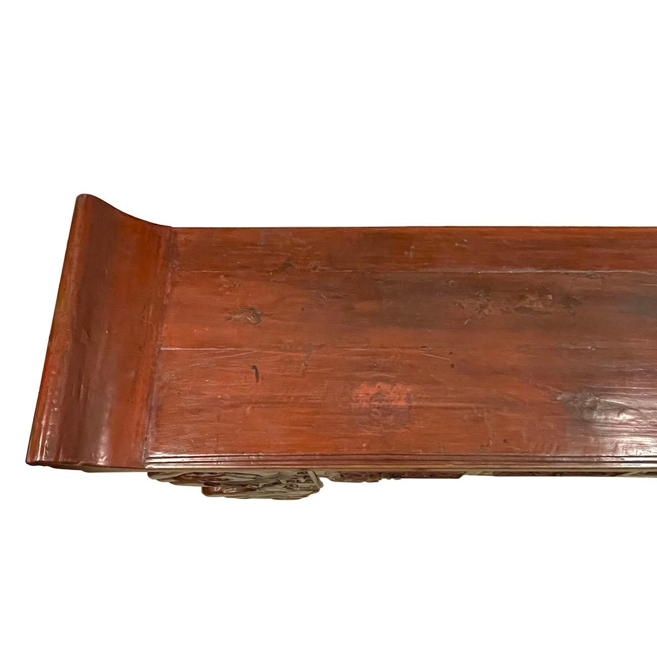 19th Century, Antique Chinese Massive Red Lacquered Carved Altar Table / Console For Sale 3