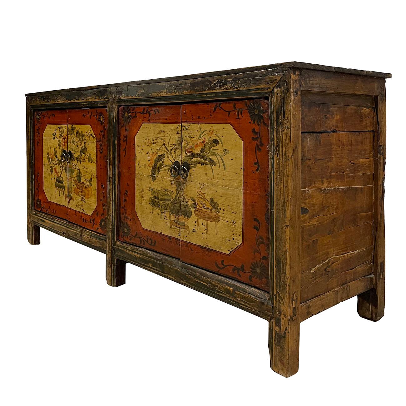 Size: 31in H x 65.5in W x 20in D
Door opening: 20in H x 24in W  each
Origin: Mongolia, China
Circa: 1850 - 1900
Material: Wood
Condition: Original finished, solid wood construction, hand painted, antique hardware, heavy, sturdy, normal age
