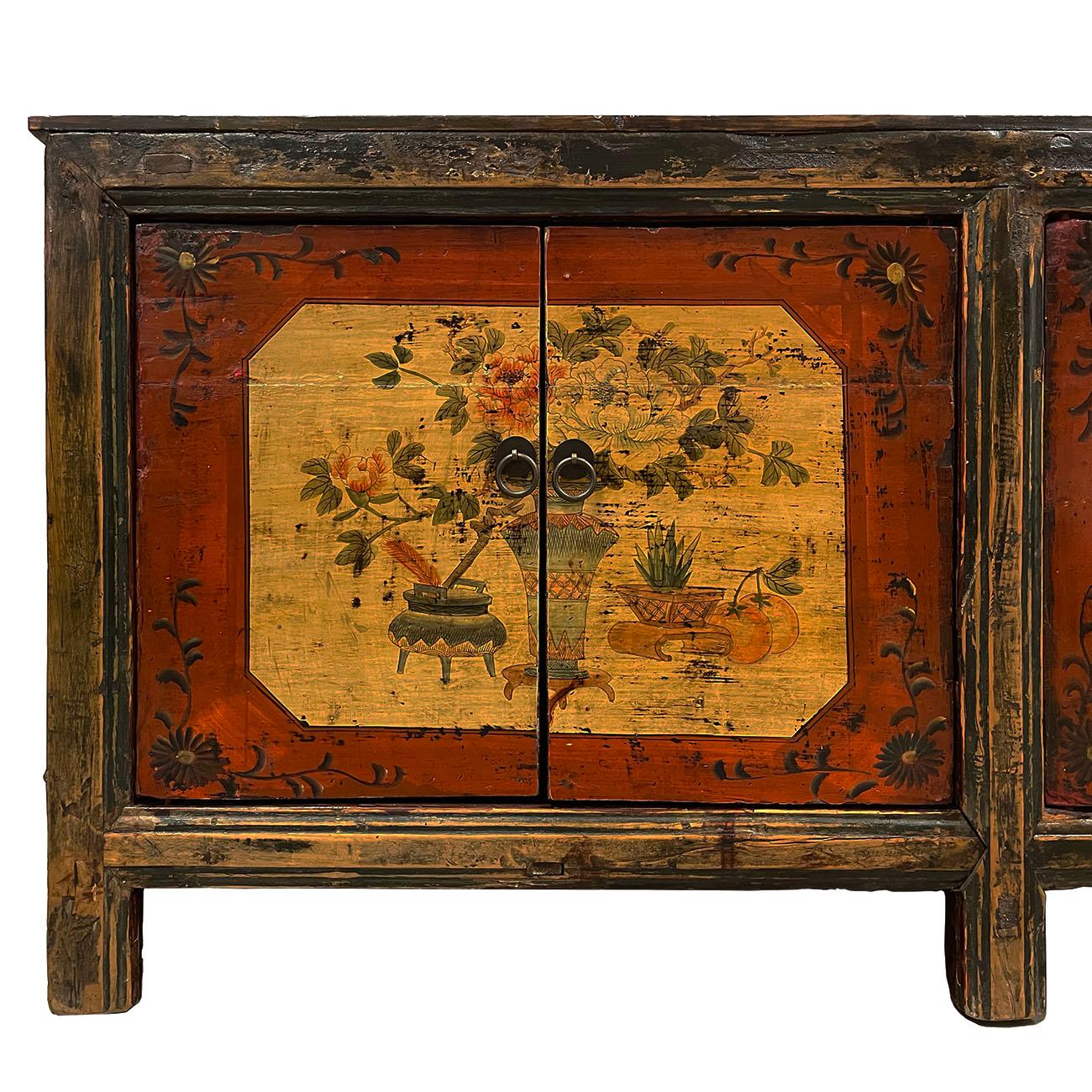 Painted 19th Century Antique Chinese Mongolia Twin Cabinet/Buffet Table, Sideboard