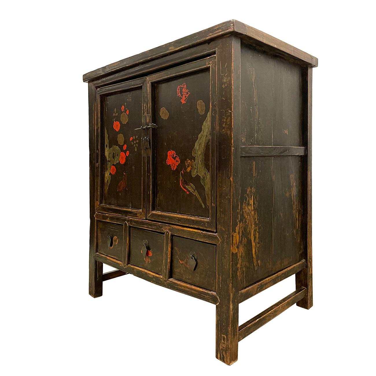 What a find! This is an unique Chinese antique cabinet. It features 2 removable open doors with antique copper hardware on the front and three drawers at bottom. There is one shelf inside cabinet. This cabinet has some beautiful painting work of
