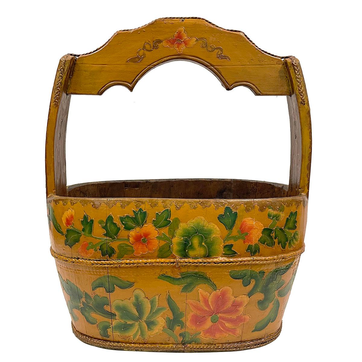 19th Century Antique Chinese Painted Wooden Water Bucket For Sale 3