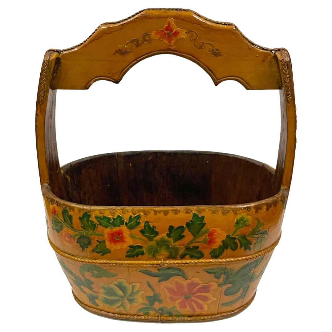 19th Century Antique Chinese Painted Wooden Water Bucket For Sale