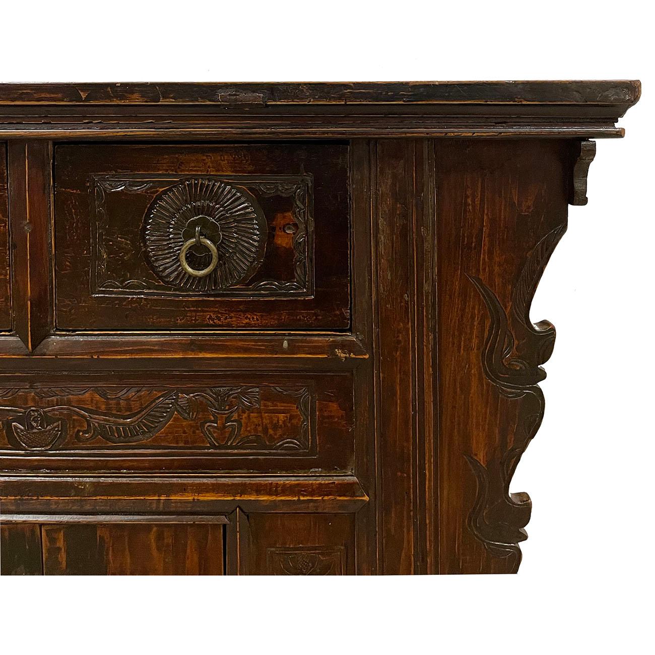 Elm 19th Century Antique Chinese Qing Dynasty Carved Coffer Table/Sideboard For Sale