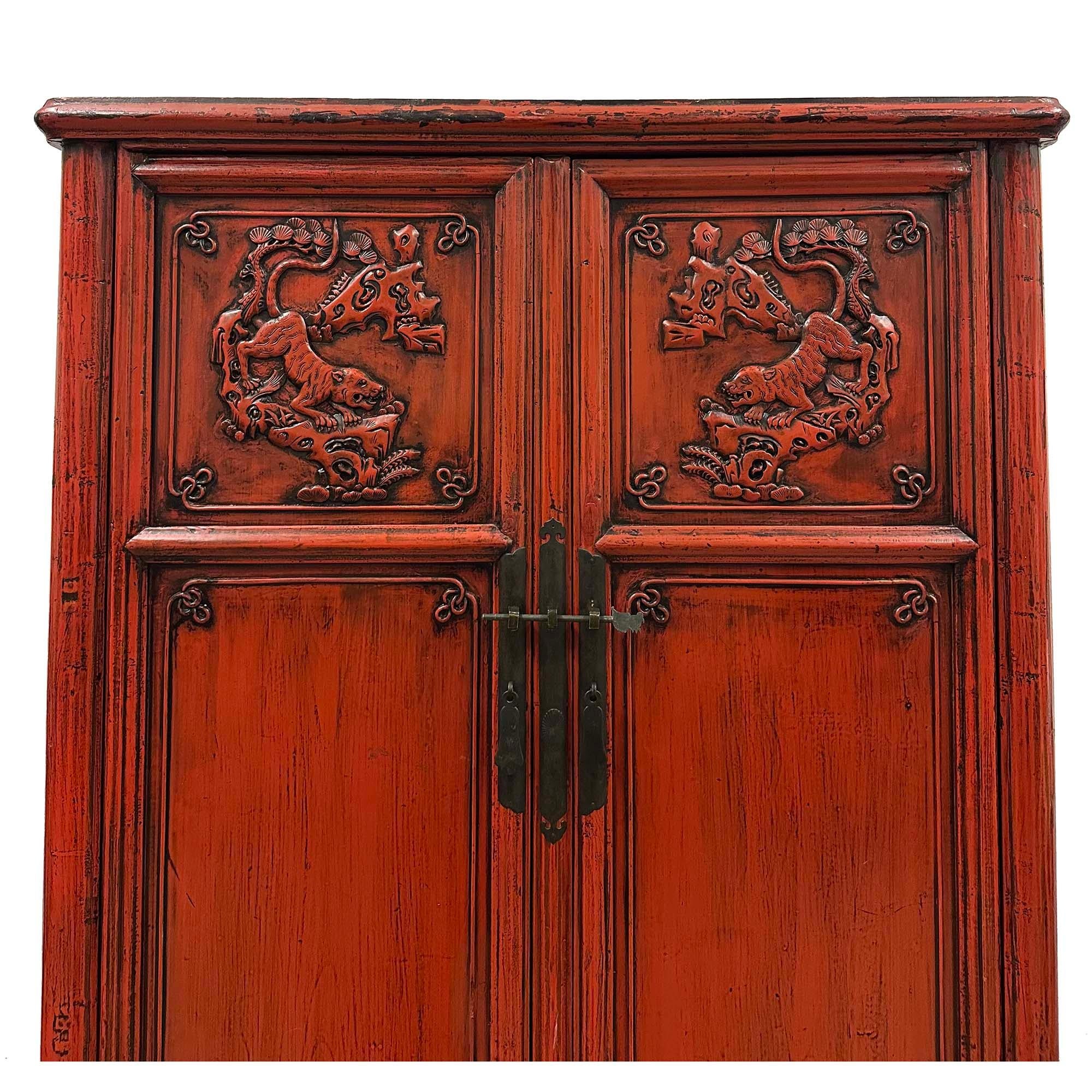 19th Century Antique Chinese Red Lacquer Wedding Cabinet For Sale