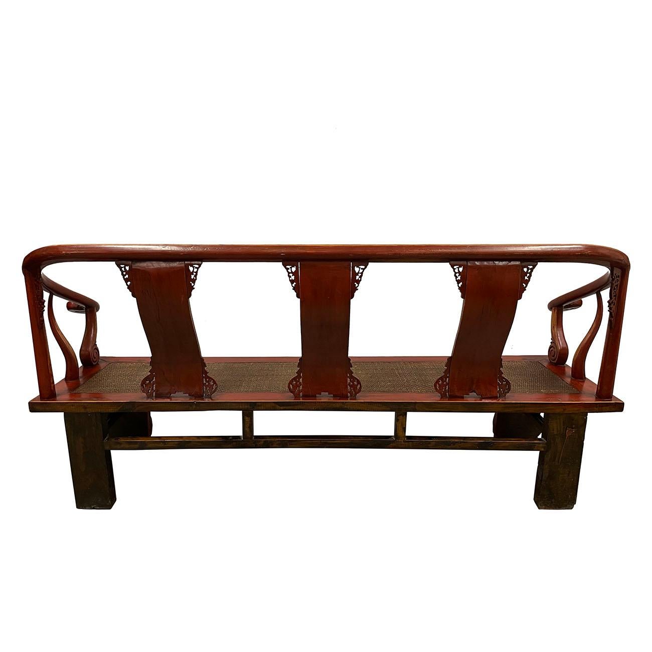 19th Century Antique Chinese Red Lacquered Carved Wedding Long Bench, Sofa 3