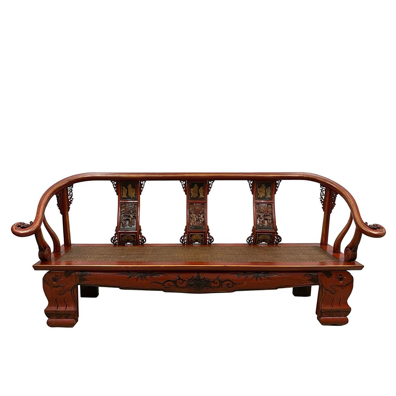 Size: 36in H x 78in W x 25in D
Seat: 15 1/2in H x 71in W x 19 1/2in D
Origin: China
Circa: 1850- 1900
Material: Wood
Condition: Solid wood construction, Hand carved, heavy, sturdy, well balanced. Normal age wear

Description: This beautiful