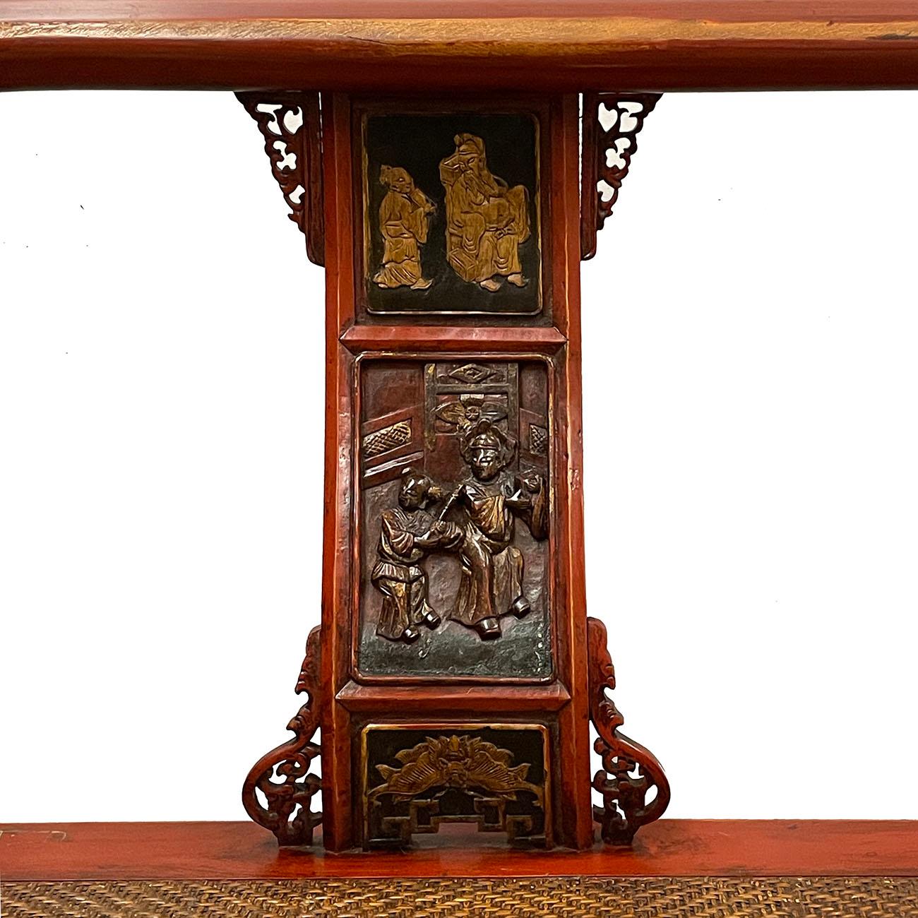 Chinese Export 19th Century Antique Chinese Red Lacquered Carved Wedding Long Bench, Sofa