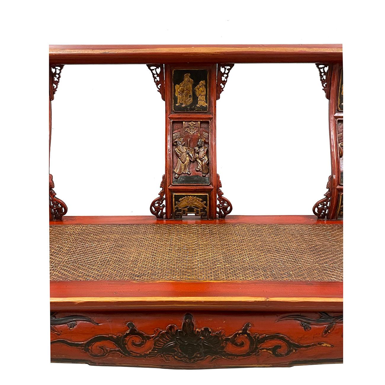 19th Century Antique Chinese Red Lacquered Carved Wedding Long Bench, Sofa In Distressed Condition In Pomona, CA