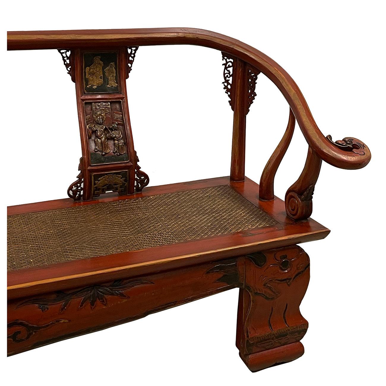 Wood 19th Century Antique Chinese Red Lacquered Carved Wedding Long Bench, Sofa