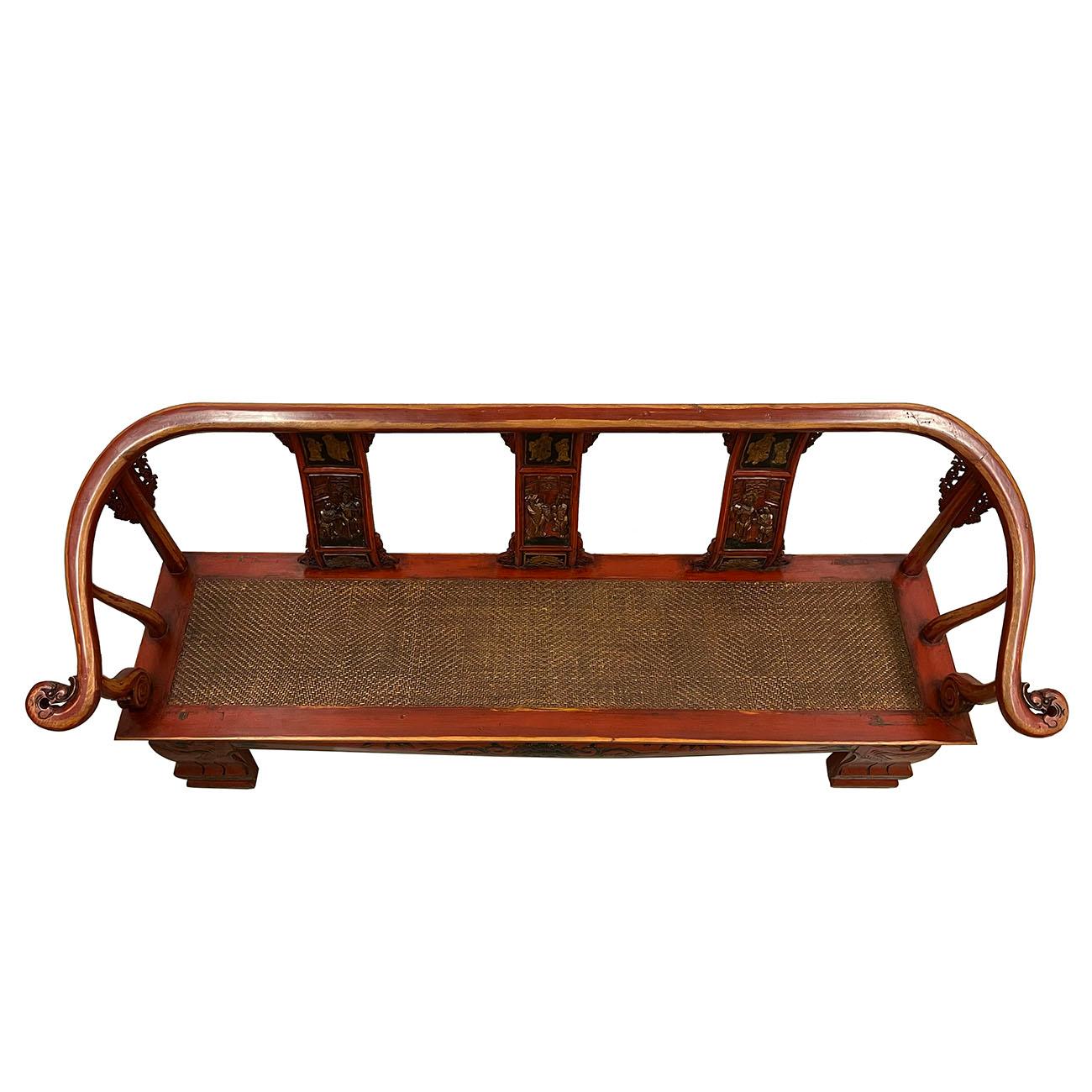 19th Century Antique Chinese Red Lacquered Carved Wedding Long Bench, Sofa 1