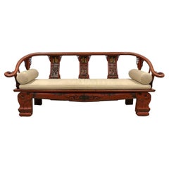 19th Century Antique Chinese Red Lacquered Carved Wedding Long Bench, Sofa