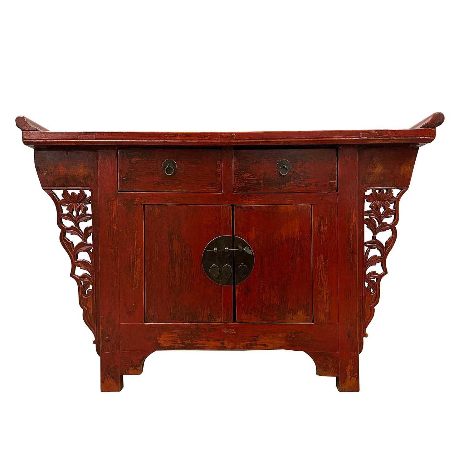 Carved 19th Century Antique Chinese Red Lacquered Console Table, Sideboard For Sale