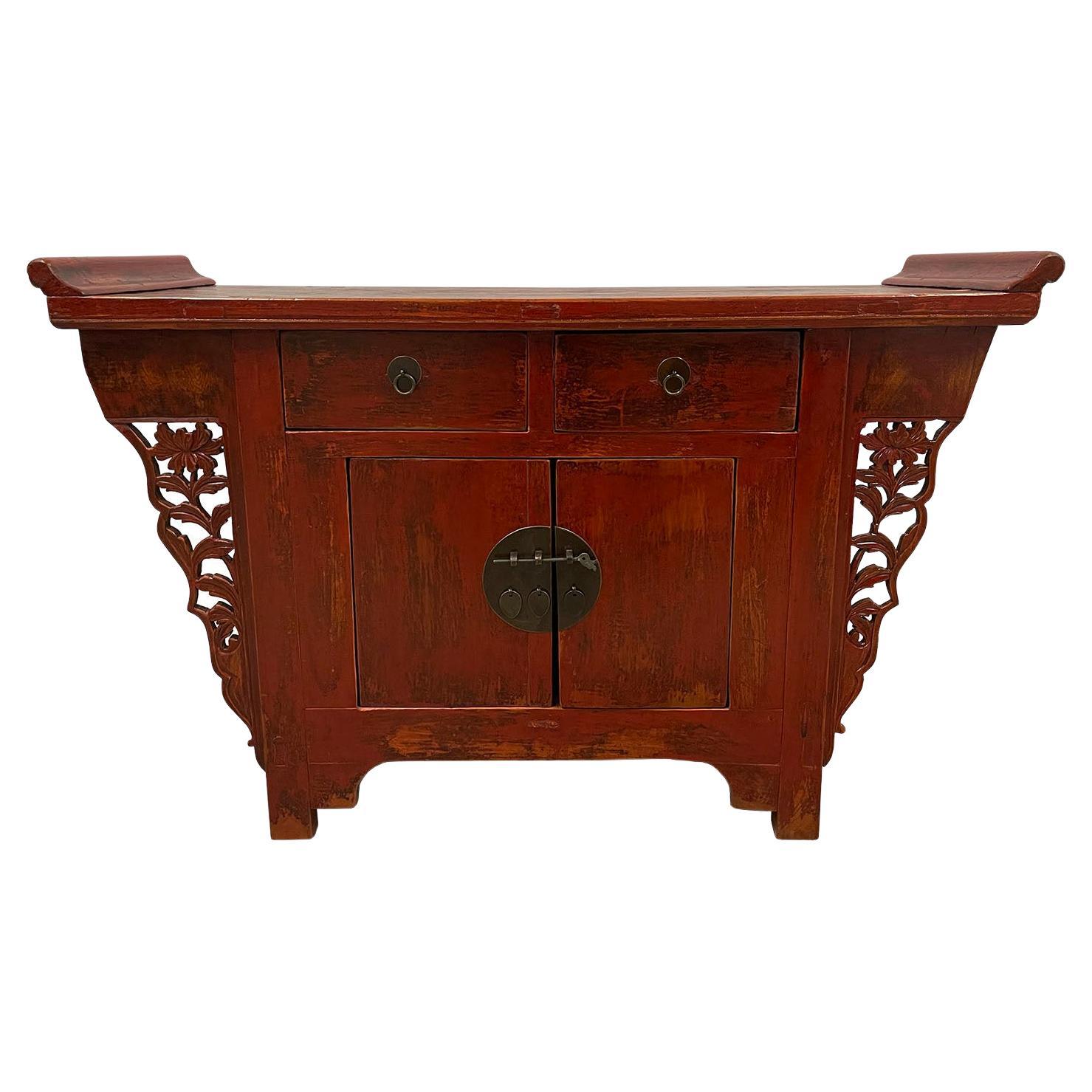 19th Century Antique Chinese Red Lacquered Console Table, Sideboard