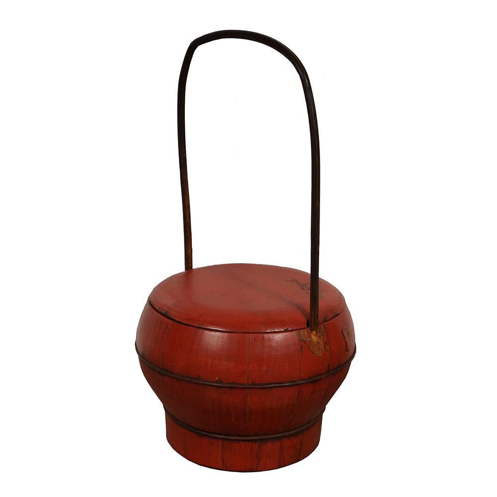 Chinese Export 19th Century Antique Chinese Red Wooden Wedding Bucket / Box