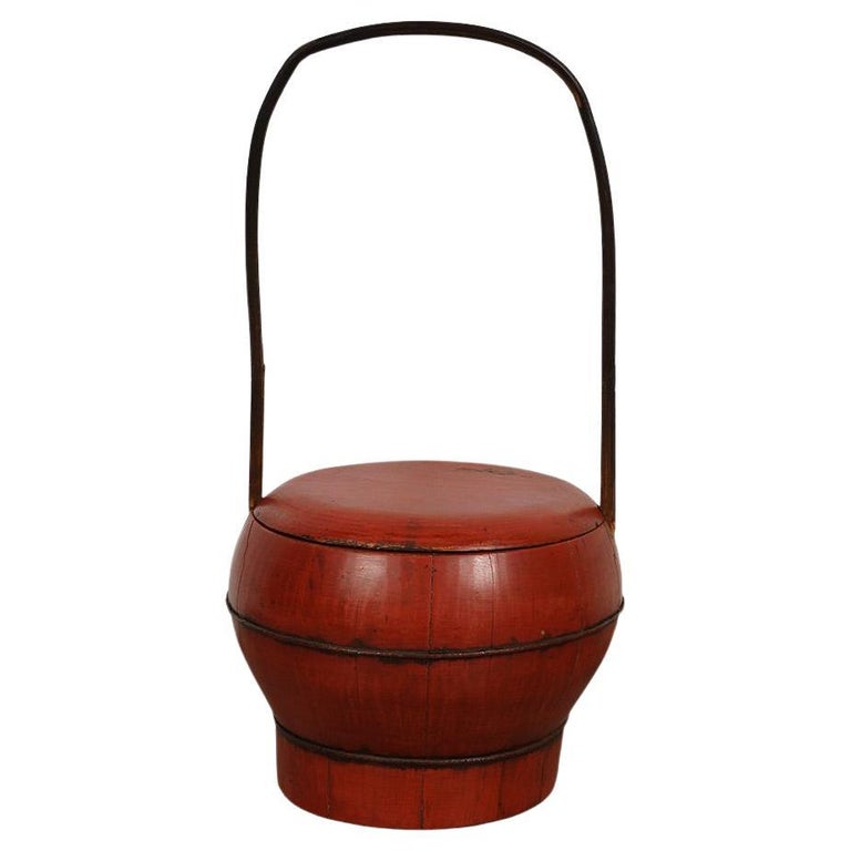 19th Century Antique Chinese Red Wooden Wedding Bucket / Box For Sale at 1stDibs