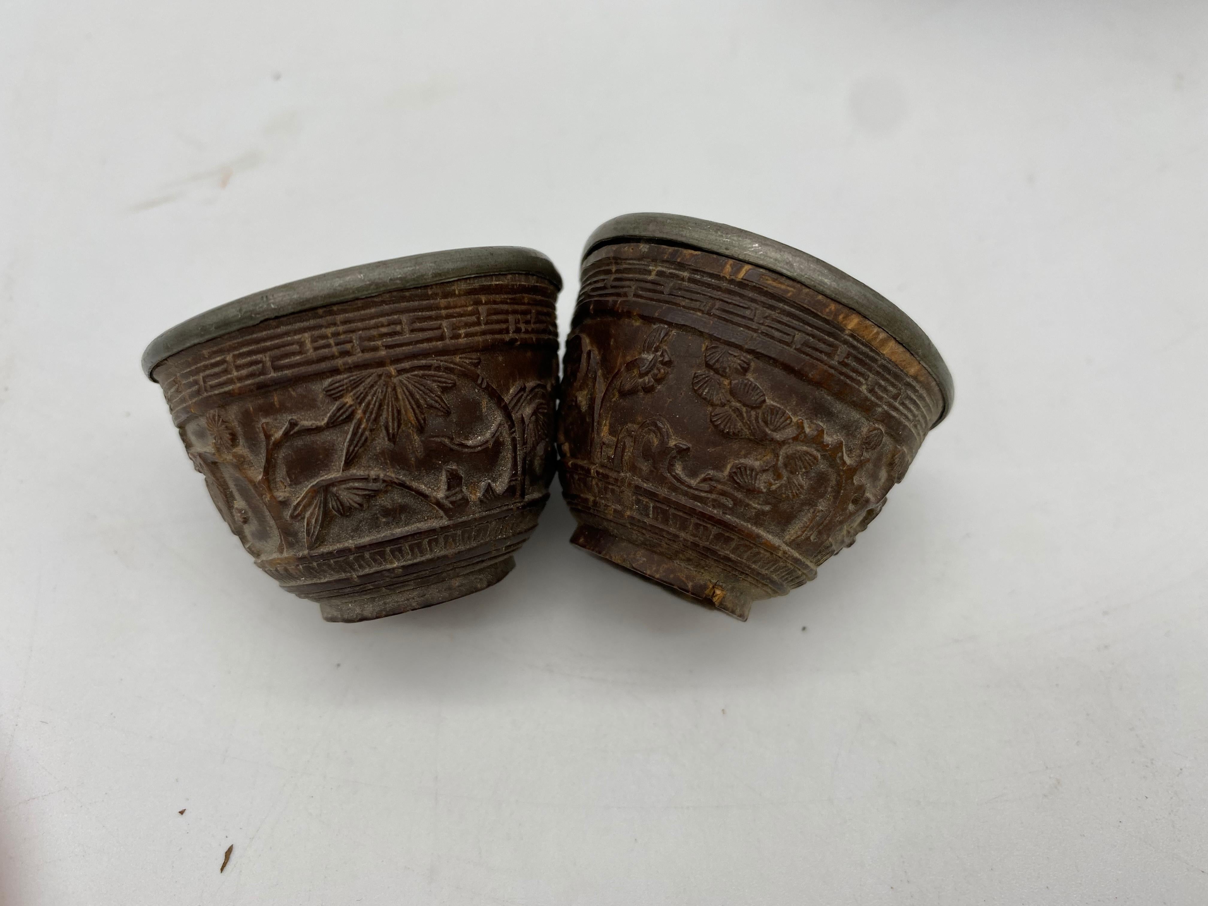 19th Century Antique Chinese Set of 6 Pewter Inlay Mini Carved Coconut Wine Cups 8