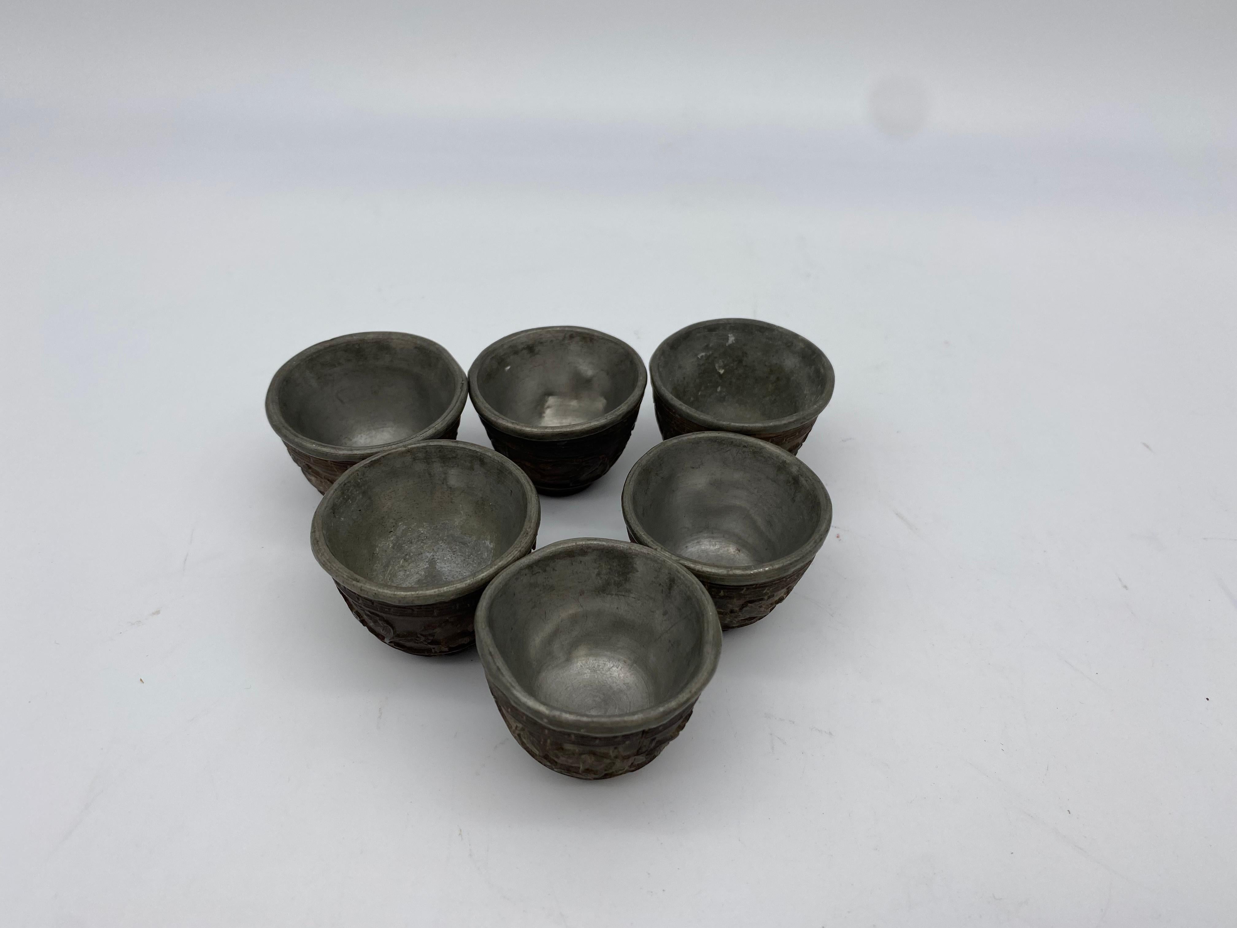 19th Century Antique Chinese Set of 6 Pewter Inlay Mini Carved Coconut Wine Cups 11