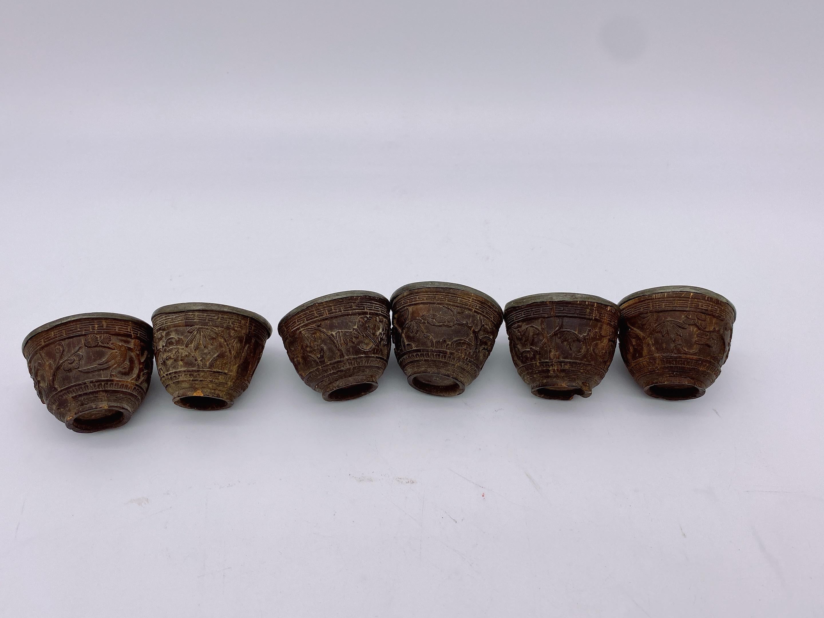 Qing 19th Century Antique Chinese Set of 6 Pewter Inlay Mini Carved Coconut Wine Cups
