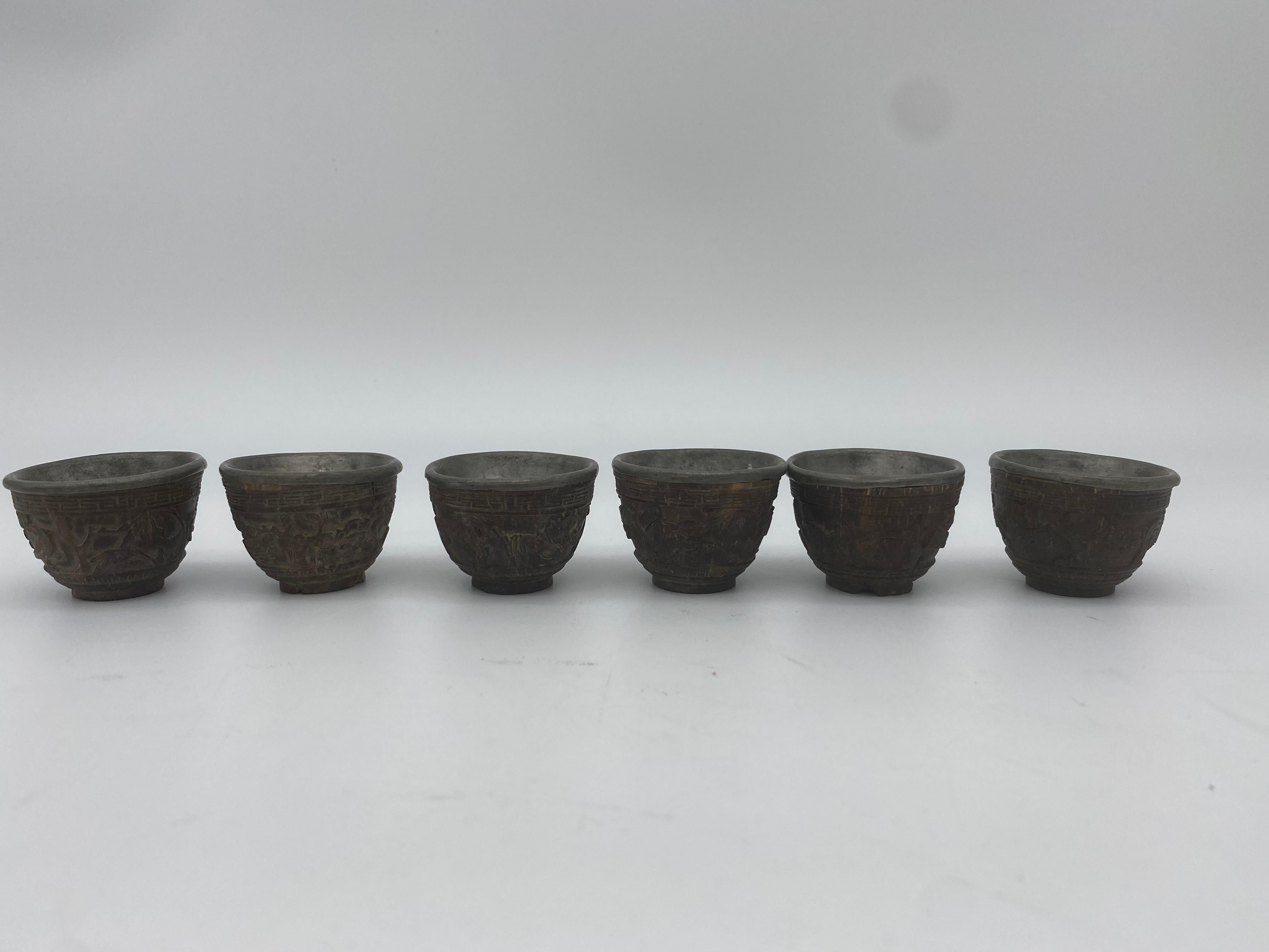 19th Century Antique Chinese Set of 6 Pewter Inlay Mini Carved Coconut Wine Cups In Good Condition In Brea, CA