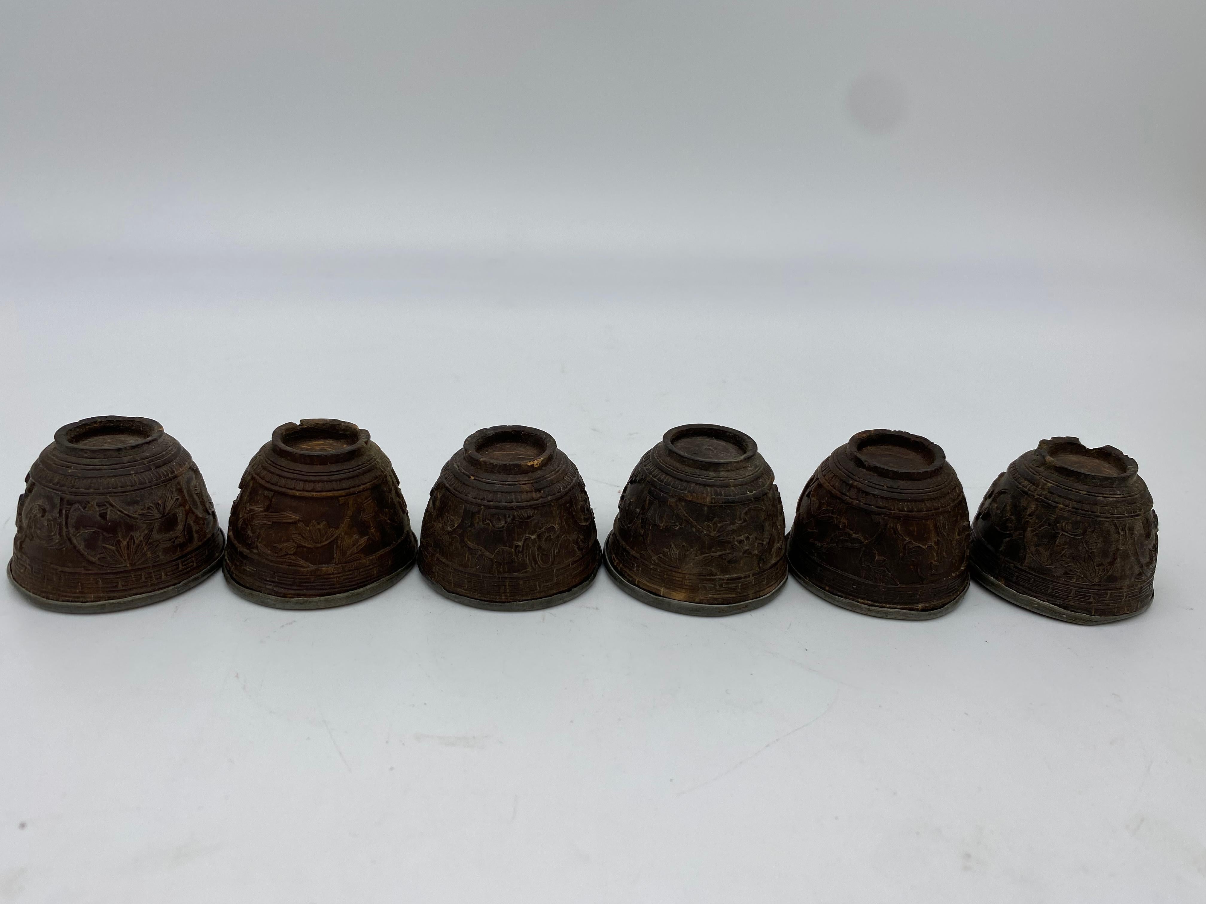 Wood 19th Century Antique Chinese Set of 6 Pewter Inlay Mini Carved Coconut Wine Cups