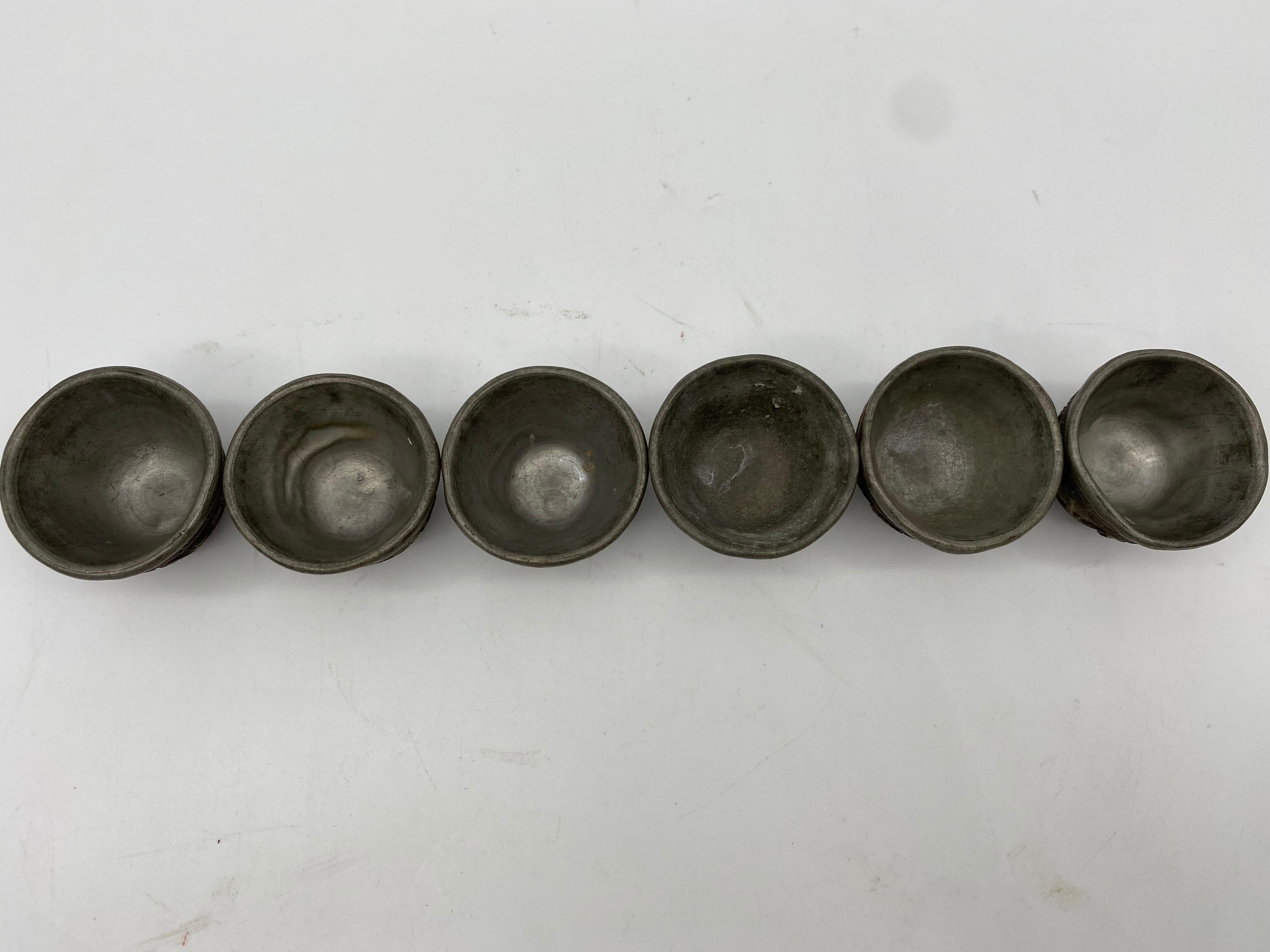 19th Century Antique Chinese Set of 6 Pewter Inlay Mini Carved Coconut Wine Cups 2