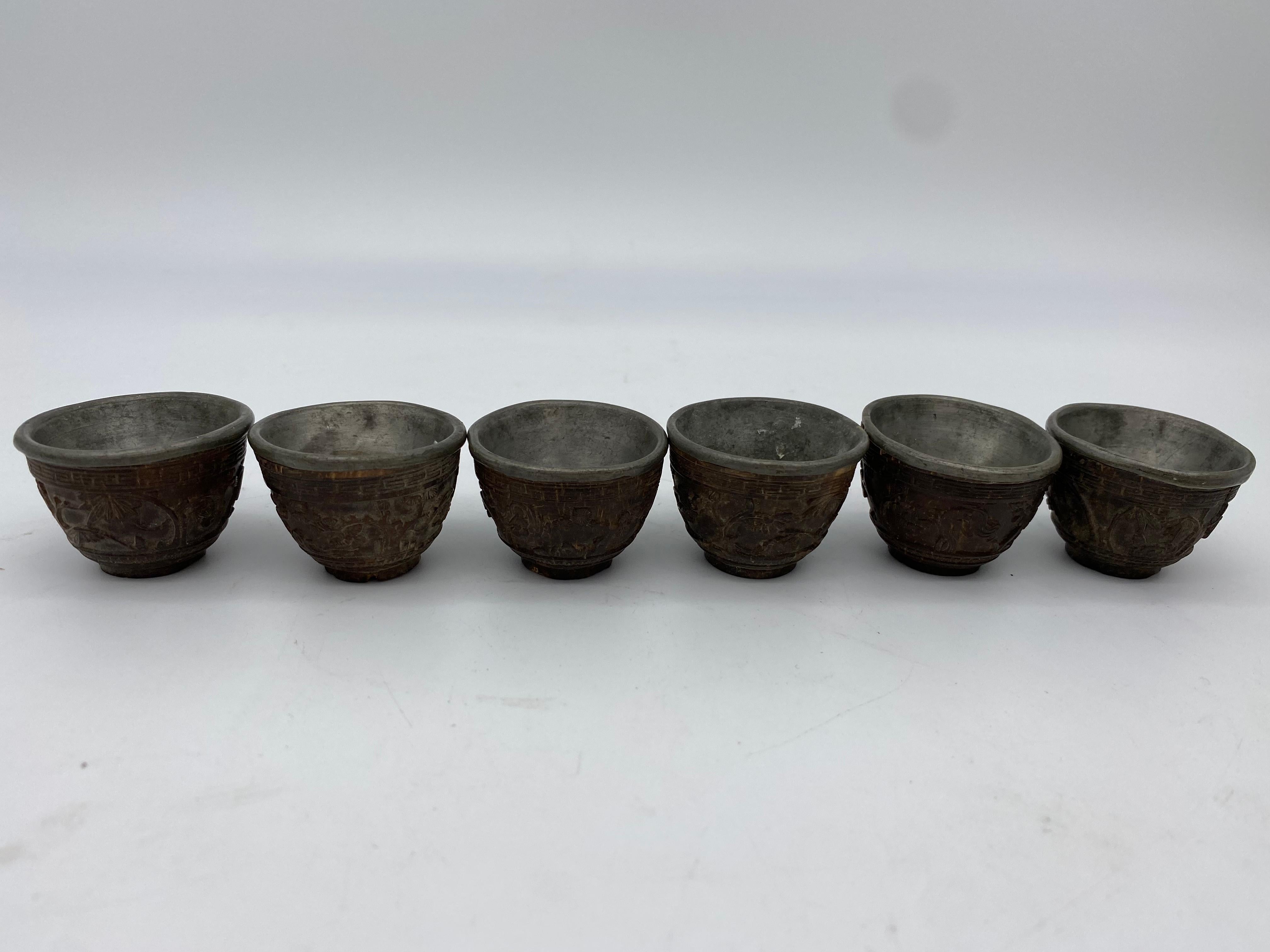 19th Century Antique Chinese Set of 6 Pewter Inlay Mini Carved Coconut Wine Cups 3