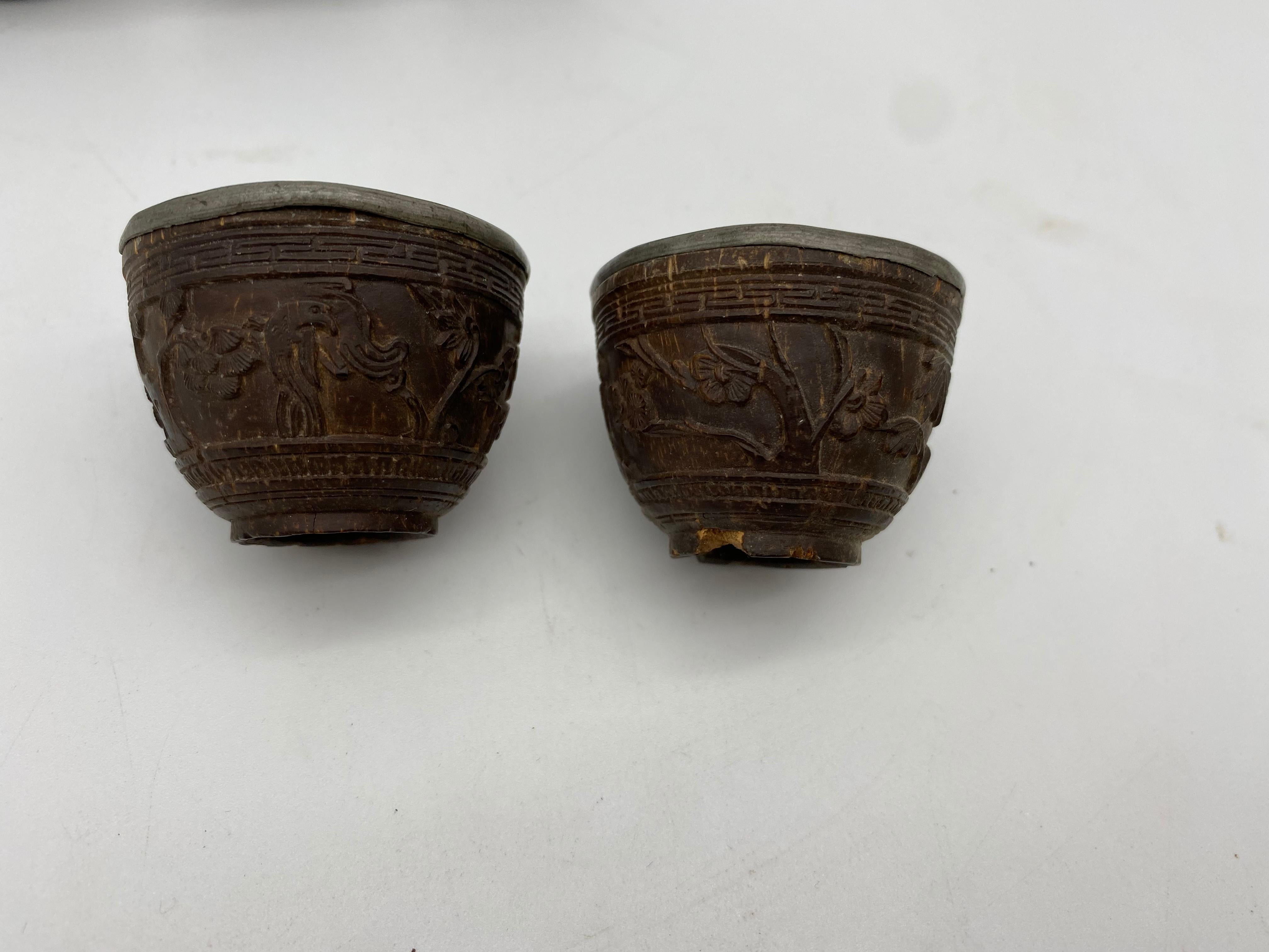 19th Century Antique Chinese Set of 6 Pewter Inlay Mini Carved Coconut Wine Cups 4