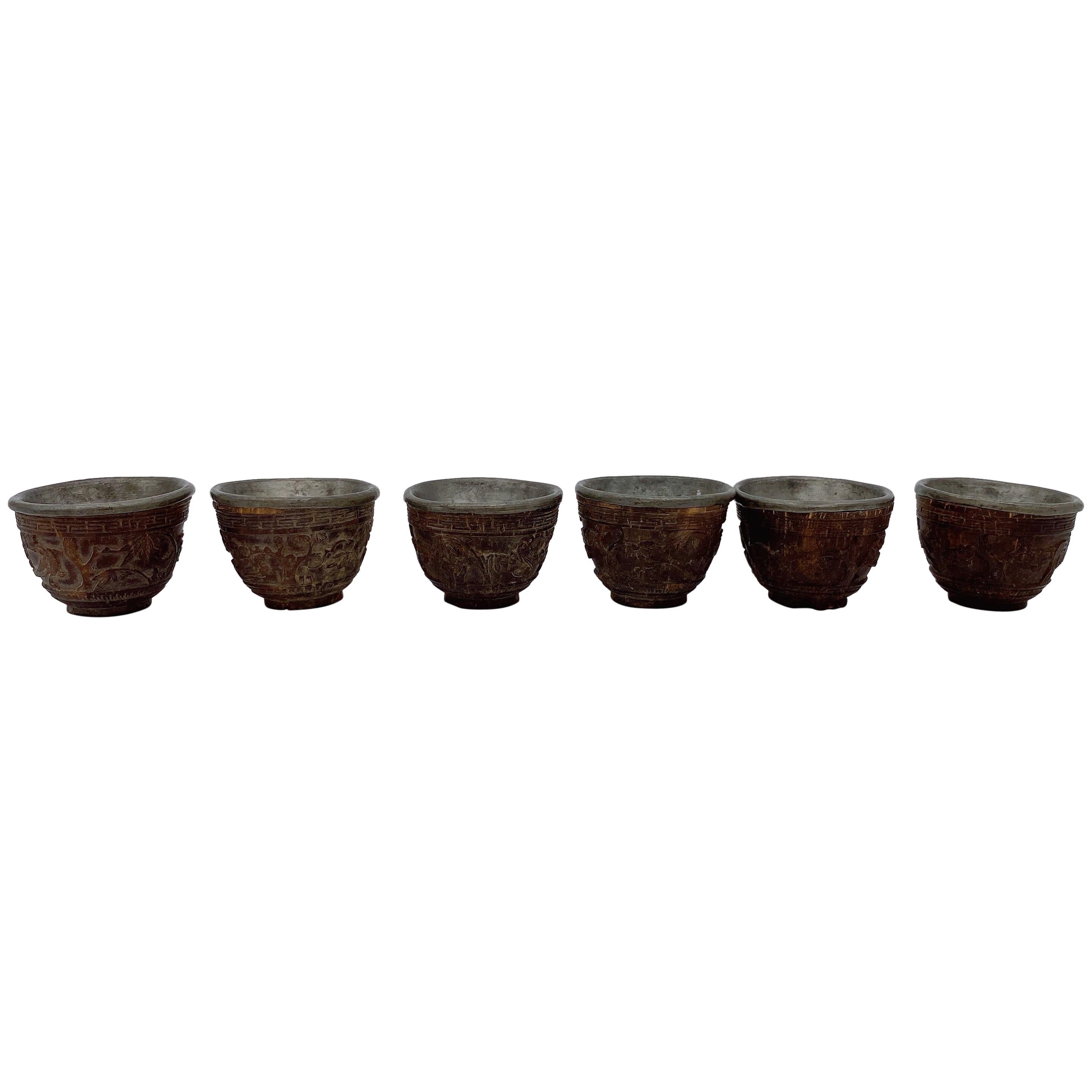 19th Century Antique Chinese Set of 6 Pewter Inlay Mini Carved Coconut Wine Cups