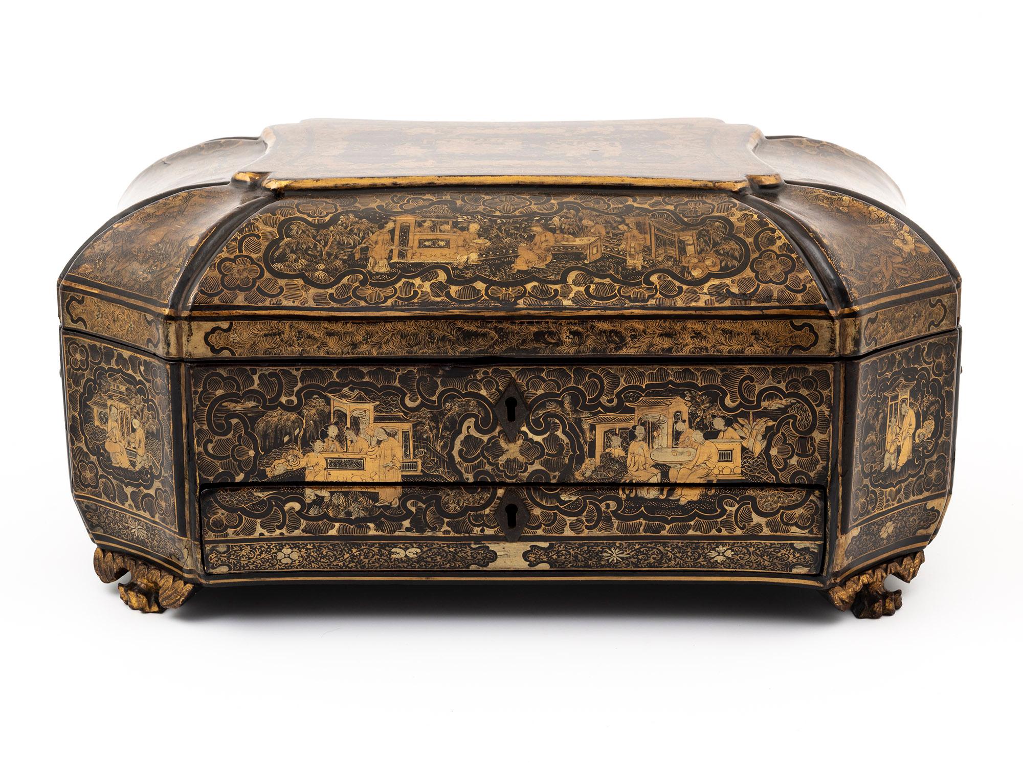 This Antique Sewing box is octagonal-shaped with a rolled top, it features a hinged lid whilst standing on four carved winged Dragon's feet.

The border on this Sewing Box is beautifully decorated with intricately worked foliate gilt borders and