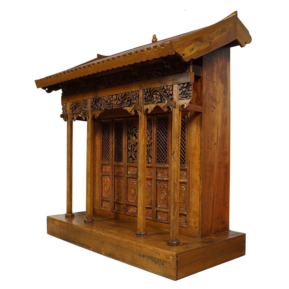 Size: 43in H x 38in W x 18 1/2in D
two door opening: 20in H x 8 1/2in W
four door opening: 20in H x 17in W
Origin: Shan Xi, China
Circa: 1900 - 1920
Material: Wood
Condition: Solid wood construction, sturdy, hand carved, well balanced. Normal