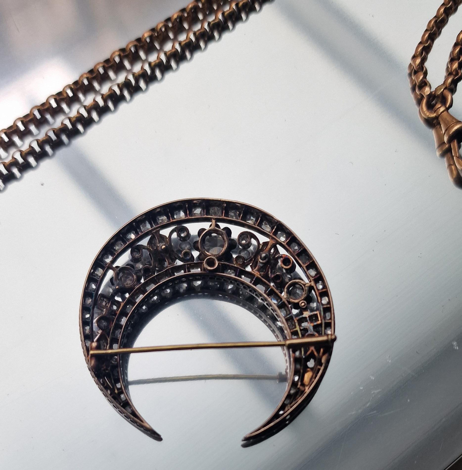 19th Century Antique Crescent Diamond Brooch Pendant Necklace Chain French For Sale 8