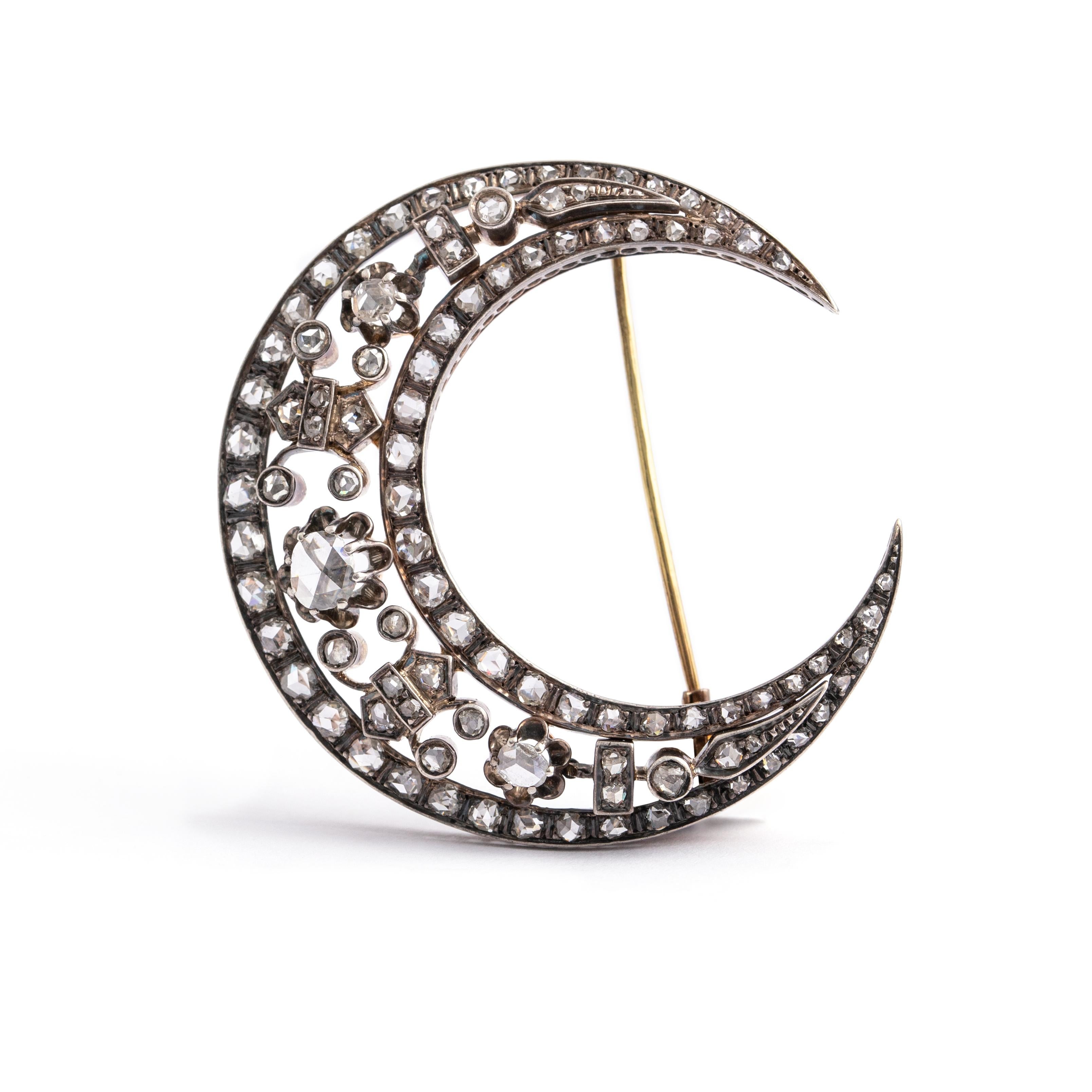 19th Century Antique Crescent Diamond Brooch Pendant Necklace Chain French For Sale 3