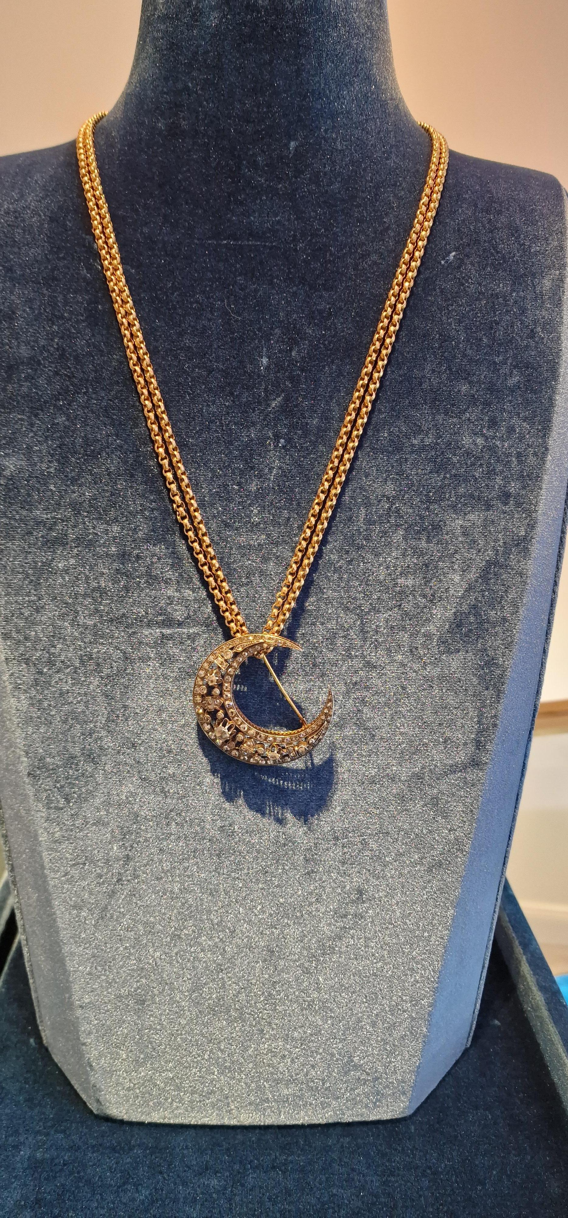 19th Century Antique Crescent Diamond Brooch Pendant Necklace Chain French In Good Condition For Sale In Geneva, CH