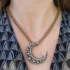 19th Century Antique Crescent Diamond Brooch Pendant Necklace Chain French