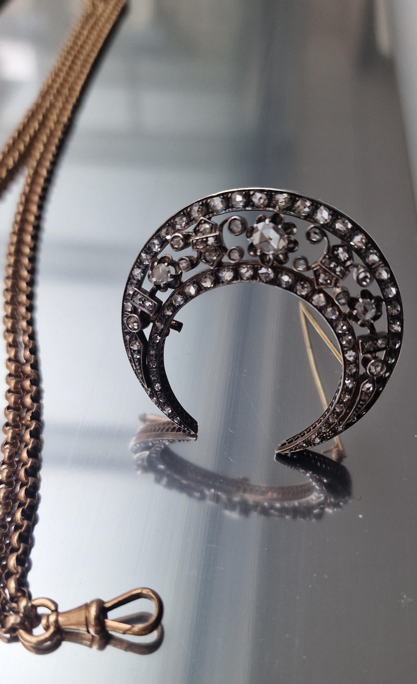 19th Century Antique Crescent Diamond Brooch Pendant Necklace Chain French For Sale 4