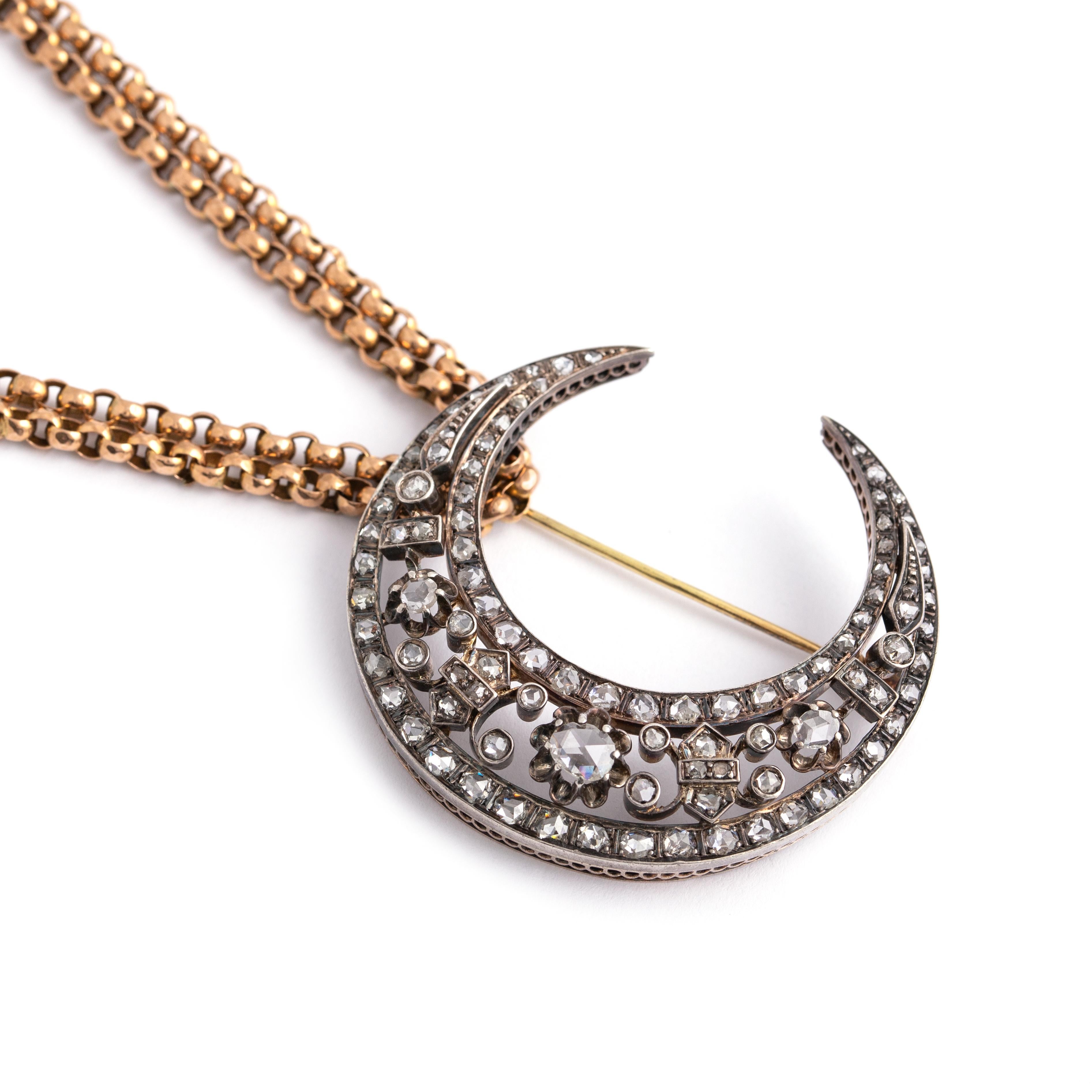 Aesthetic Movement 19th Century Antique Crescent Diamond Brooch Pendant Necklace Chain French For Sale